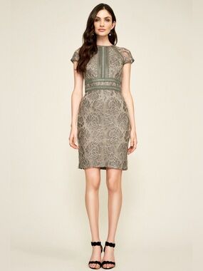TADASHI SHOJI ROXANNE CORDED EMBROIDERED SMOKE PEARL SHEATH DRESS